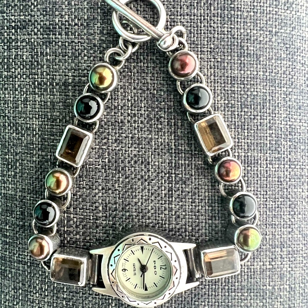 Vintage Peyote Bird Smoky Quartz Navajo Pearl Black Onyx & Silver Watch Bracelet - Picture 8 of 17